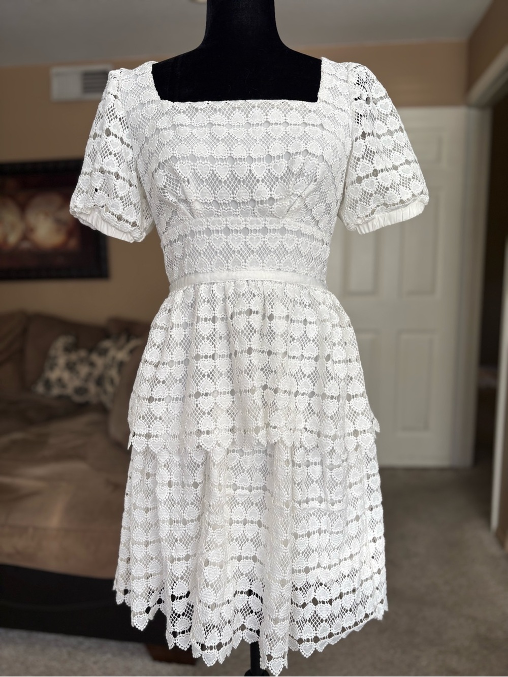 White Lace Mini Dress with Square Neck